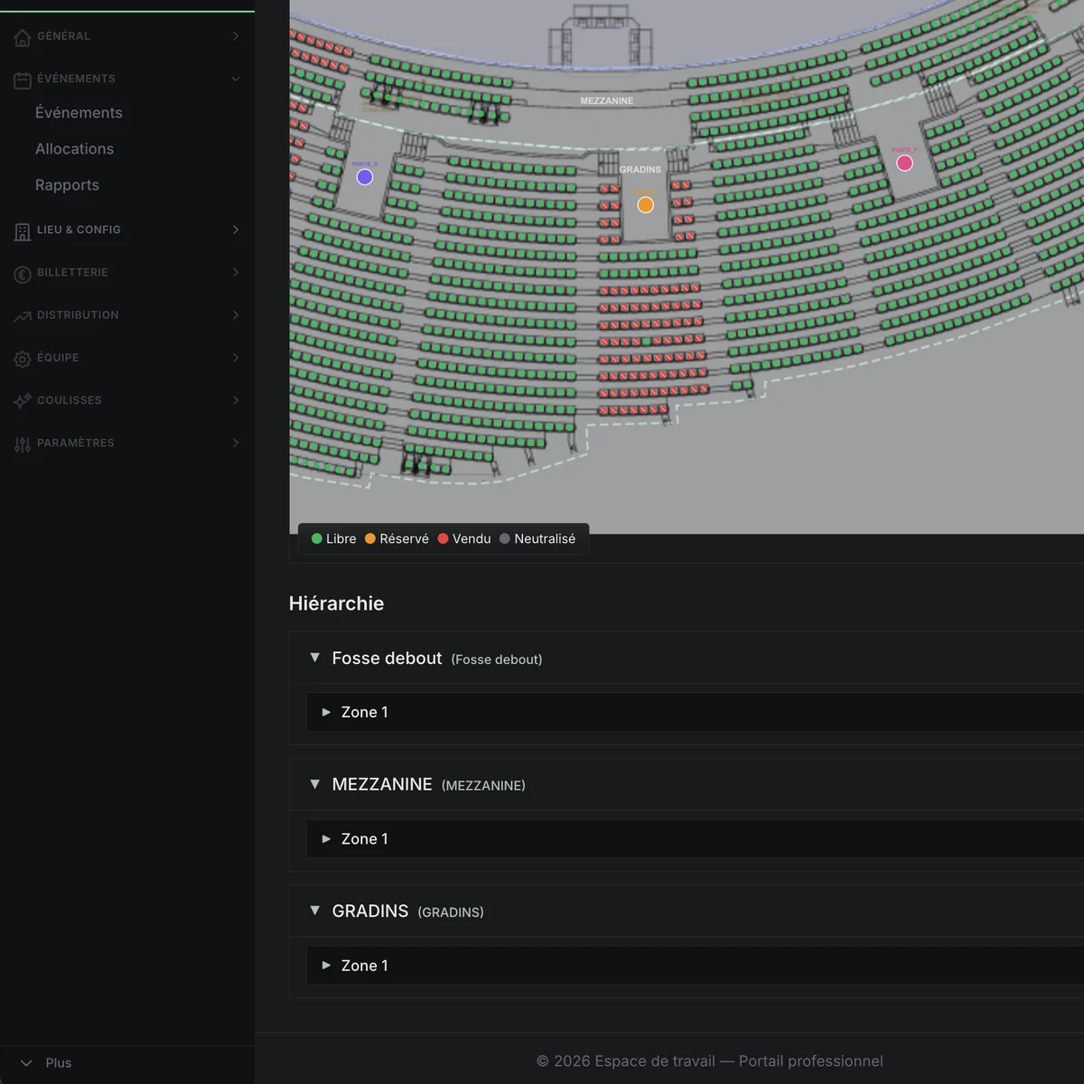 Aperçu de Luky Pro : plan de salle interactif et tableau de bord billetterie